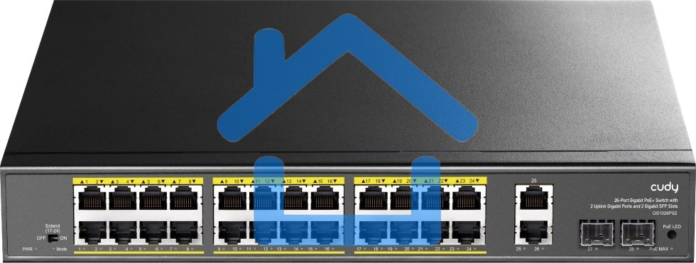 Коммутатор Cudy GS1026PS2, (L2) 26x1Gbит/с 2xКомбо(1000BASE-T/SFP), 2SFP, 24PoE, 300W, неуправляемый