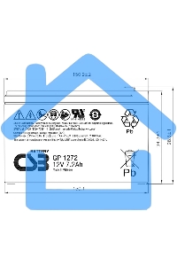 Батарея CSB серия GP, GP1272, напряжение 12В, емкость 7.2А·ч (разряд 20 часов), макс. ток разряда (5 сек.) 100А, ток короткого замыкания 304А, макс. ток заряда 2.8A, свинцово-кислотная типа AGM, клеммы F1, ДxШxВ 150.9x64.8x98.6мм., вес 2.4кг., срок службы