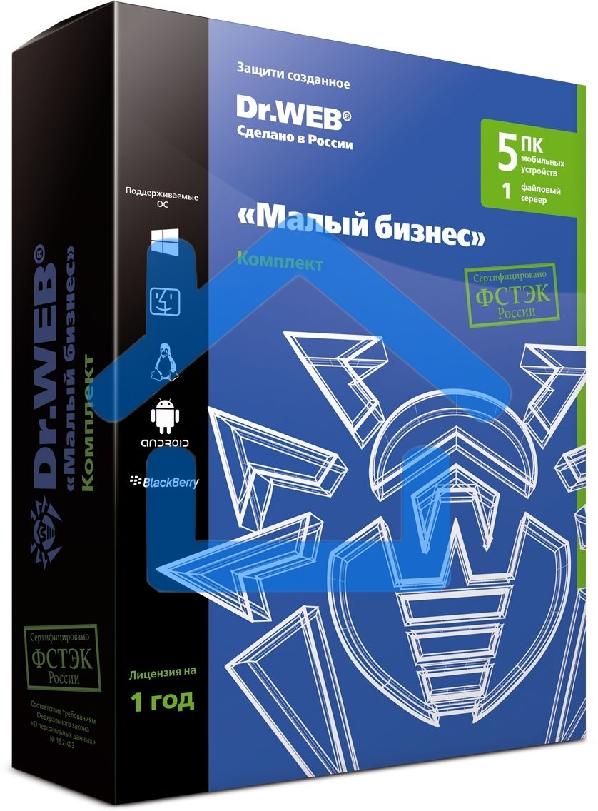 Комплект ПО DR.WEB «Малый бизнес» на 5 ПК + 1 фс + защита 5 почт. ящиков (Антивирус) ФСТЭК, коробка