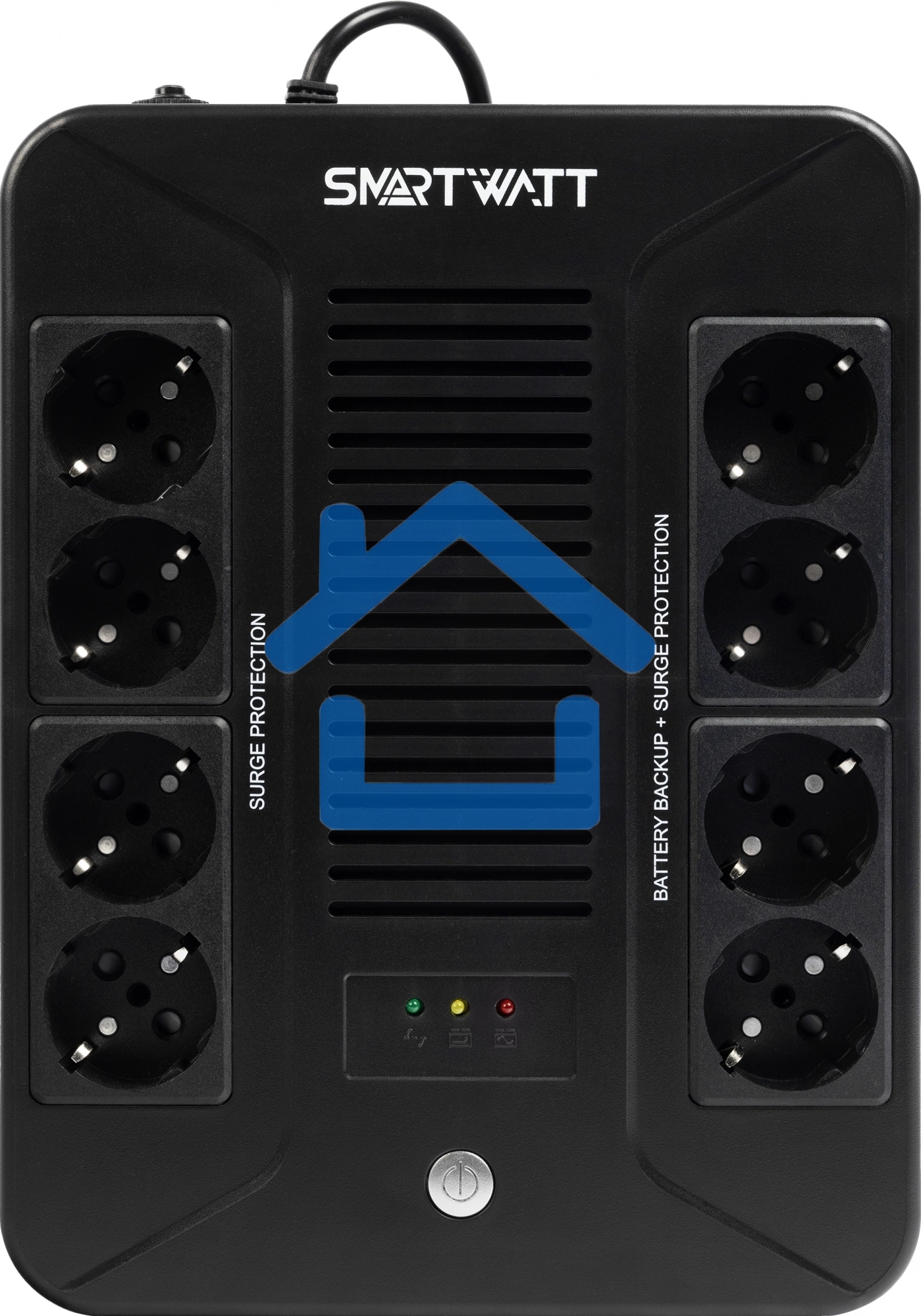 Источник бесперебойного питания SMARTWATT UPS SAFE PRO 800, 800/480 ВА/Вт, напольный/настенный, линейно-интерактивный, LED индикация, Shuko CEE7/4 - 8 шт. (4 шт. с резервным питанием, 4 шт. - сетевой фильтр)