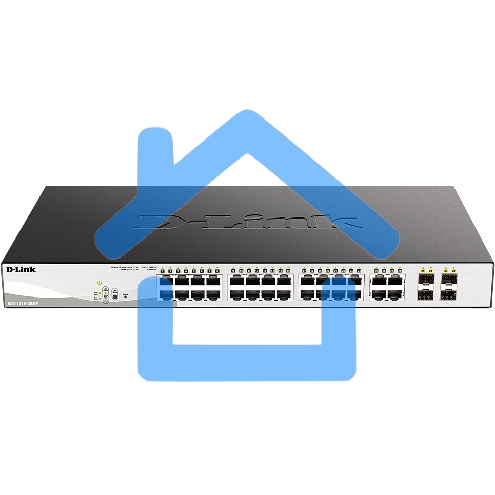 Настраиваемый L2 коммутатор D-Link DGS-1210-28MP/F4A с 24 портами 10/100/1000Base-T и 4 комбо-портами 100/1000Base-T/SFP (24 порта PoE 802.3af/at, PoE-бюджет 370 Вт)
