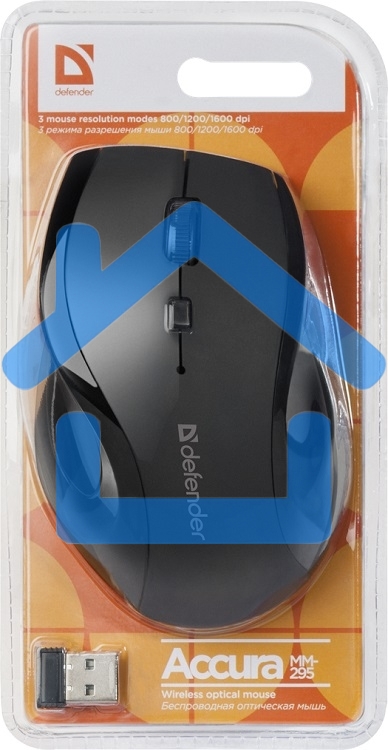 Мышь беспроводная Defender Accura MM-295 черный, 1600 dpi, радиоканал, USB, кнопки - 6