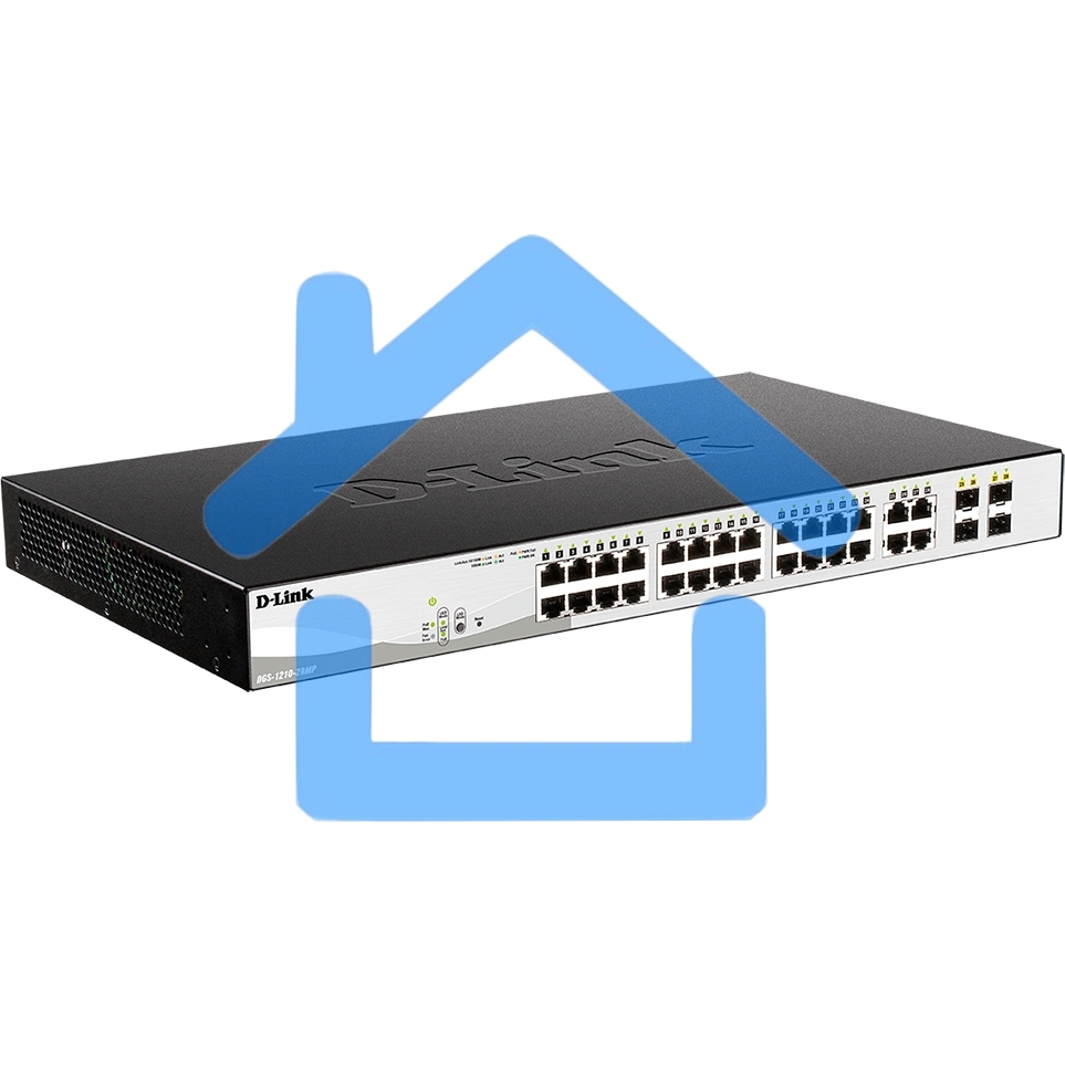 Настраиваемый L2 коммутатор D-Link DGS-1210-28MP/F4A с 24 портами 10/100/1000Base-T и 4 комбо-портами 100/1000Base-T/SFP (24 порта PoE 802.3af/at, PoE-бюджет 370 Вт)