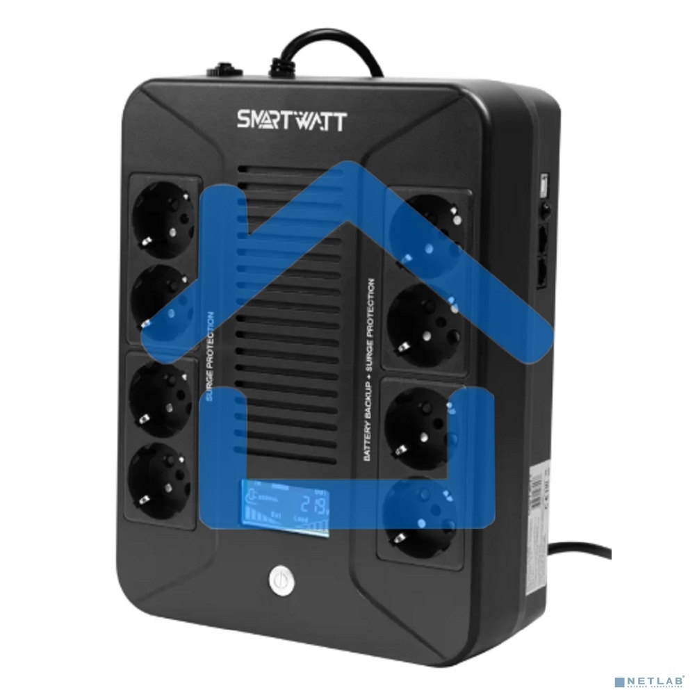 Источник бесперебойного питания SMARTWATT UPS SAFE PRO LCD 800 черный 800/480 ВА/Вт, напольный/настенный, линейно-интерактивный, LCD дисплей, Shuko CEE7/4 - 8 шт. (4 шт. с резервным питанием, 4 шт. - сетевой фильтр)