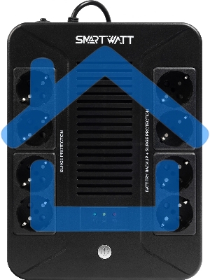 Источник бесперебойного питания SMARTWATT UPS SAFE PRO 1000 черный 1000/600 ВА/Вт, линейно-интерактивный, напольный/настенный, LED индикация, Shuko CEE7/4 - 8 шт. (4 шт. с резервным питанием, 4 шт. - сетевой фильтр)
