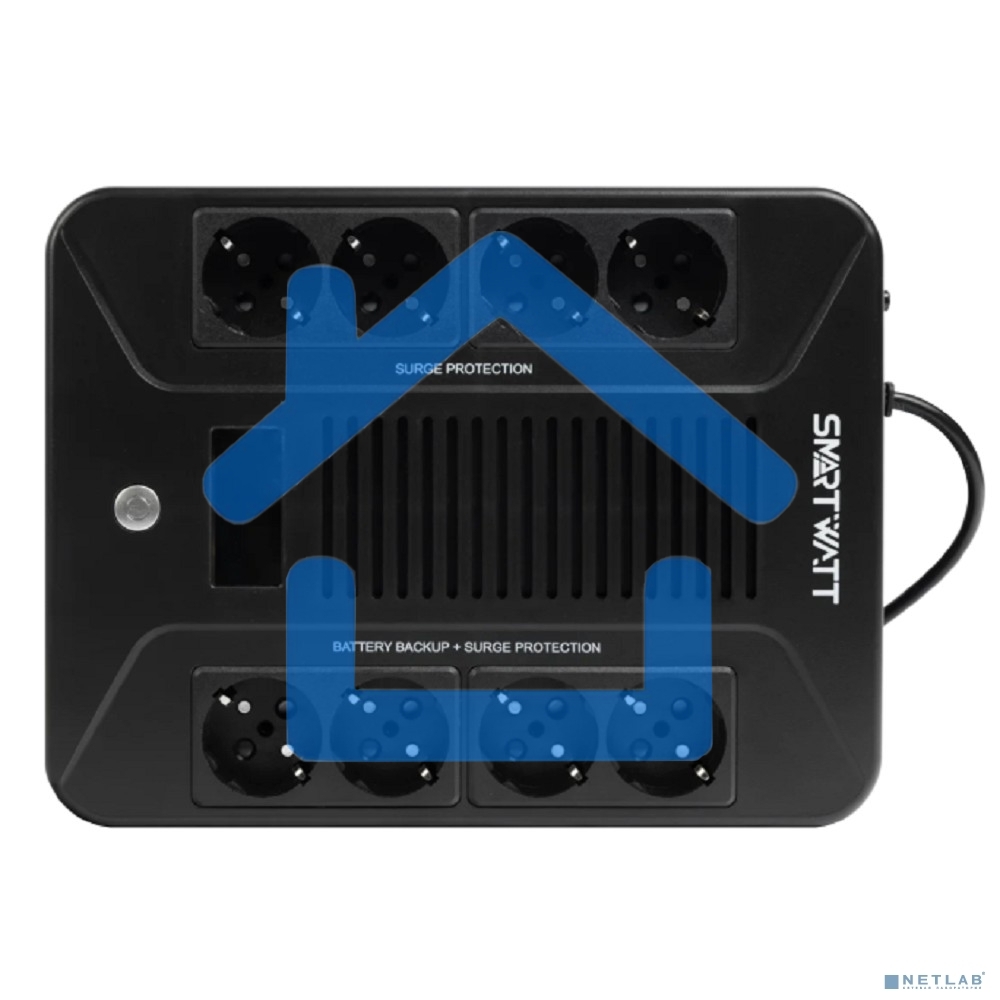 Источник бесперебойного питания SMARTWATT UPS SAFE PRO LCD 800 черный 800/480 ВА/Вт, напольный/настенный, линейно-интерактивный, LCD дисплей, Shuko CEE7/4 - 8 шт. (4 шт. с резервным питанием, 4 шт. - сетевой фильтр)