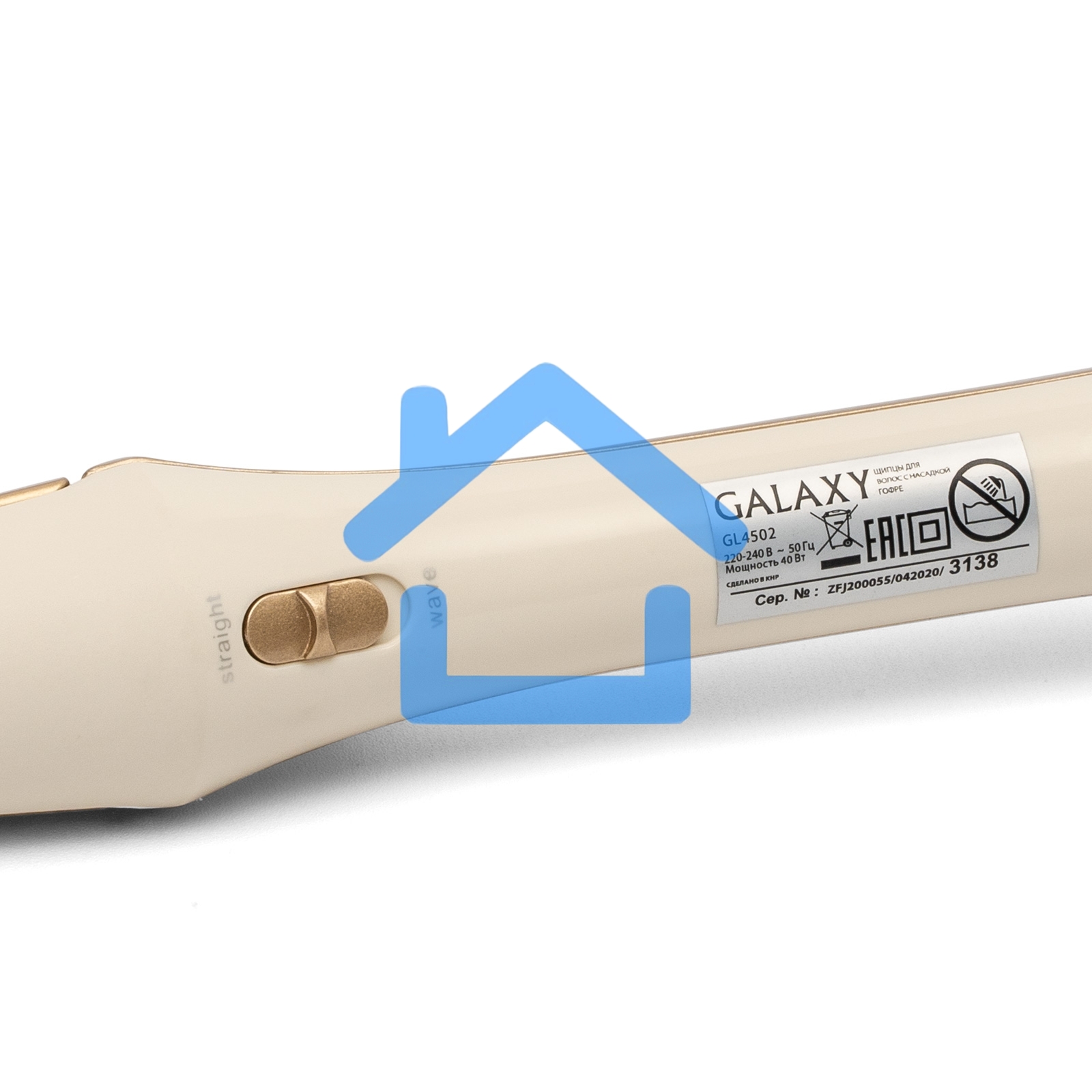 Щипцы для волос с насадкой гофре Galaxy GL 4502, бежевый, 40 Вт, макс. темп. 200°C, нагрев. элемент с защитой от перегр., керам. покрытие пластин, гладкие пластины для выпрям. волос и пласт. 