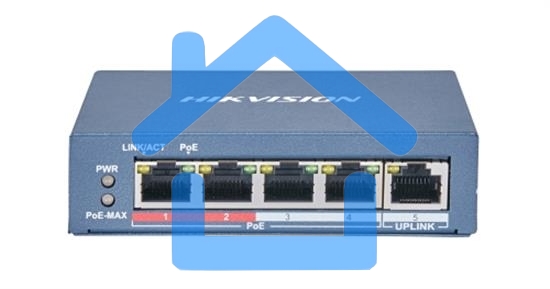 Коммутатор Hikvision DS-3E0105P-E/M(B) 4 RJ45 100M PoE с грозозащитой 6кВ; 1 Uplink порт 100М Ethernet: бюджет PoE 35Вт; поддерживают режим передачи до 250м; таблица MAC адресов на 1000 записей;