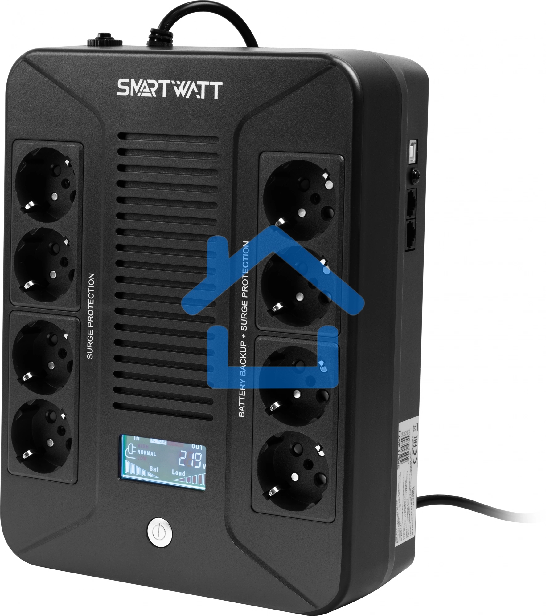 Источник бесперебойного питания SMARTWATT UPS SAFE PRO LCD 800 черный 800/480 ВА/Вт, напольный/настенный, линейно-интерактивный, LCD дисплей, Shuko CEE7/4 - 8 шт. (4 шт. с резервным питанием, 4 шт. - сетевой фильтр)