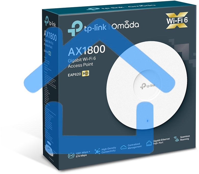 Точка доступа TP-Link 11AX dual-band ceiling access point, up to 1200 Mbit / s at 5 GHz and up to 574 Mbit / s at 2.4 GHz, 1 10/100/1000Mbps LAN port, support PoE 802.3at standard, support BSS coloring, Seamless Roaming, Mesh, Band Steering, Airtime Fairn