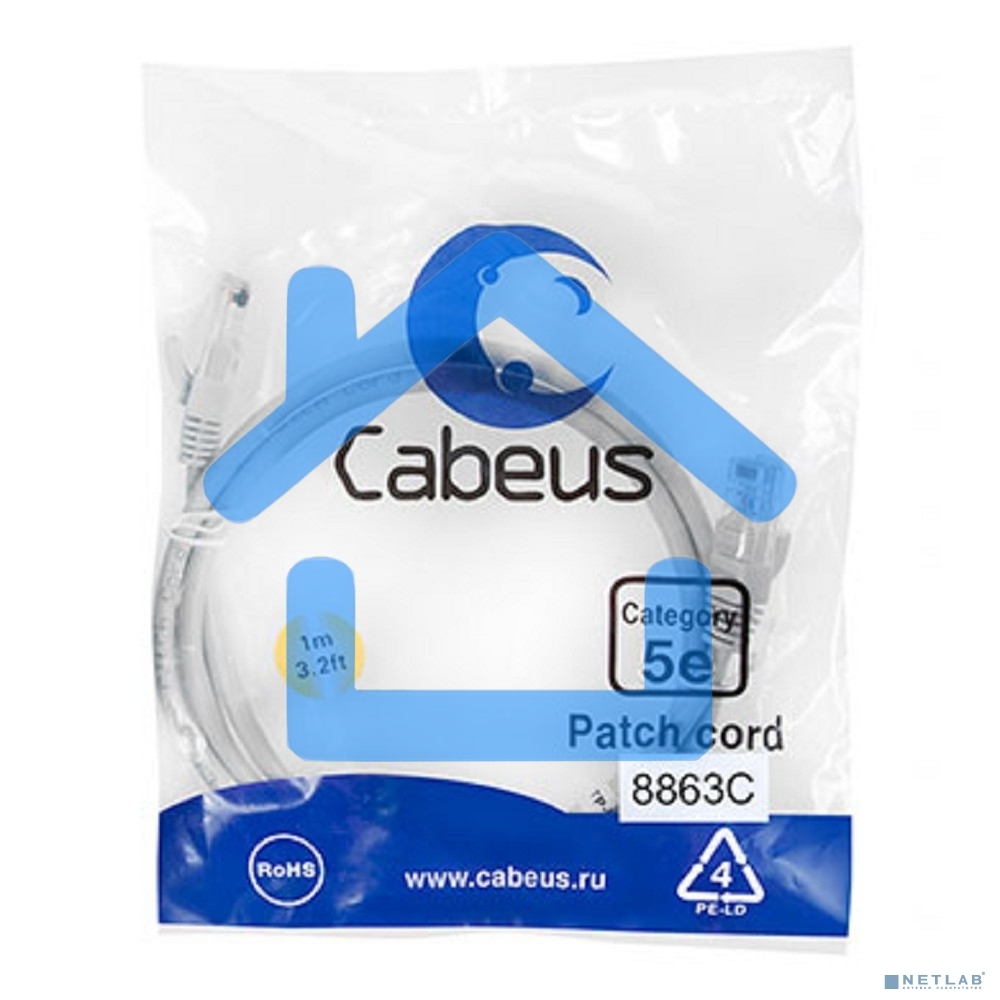 Шнур коммутационный Cabeus, кат. 5е, неэкр., U/UTP, RJ45/RJ45, LSZH, AWG24, 1м, серый
