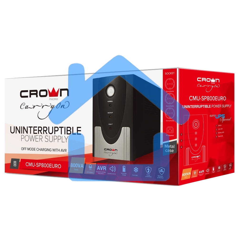 Источник бесперебойного питания CROWN ИБП CMU-SP800EURO 800VA, металл,1x12V/9AH, розетки 3*EURO+1*IEC bybas CM000001492