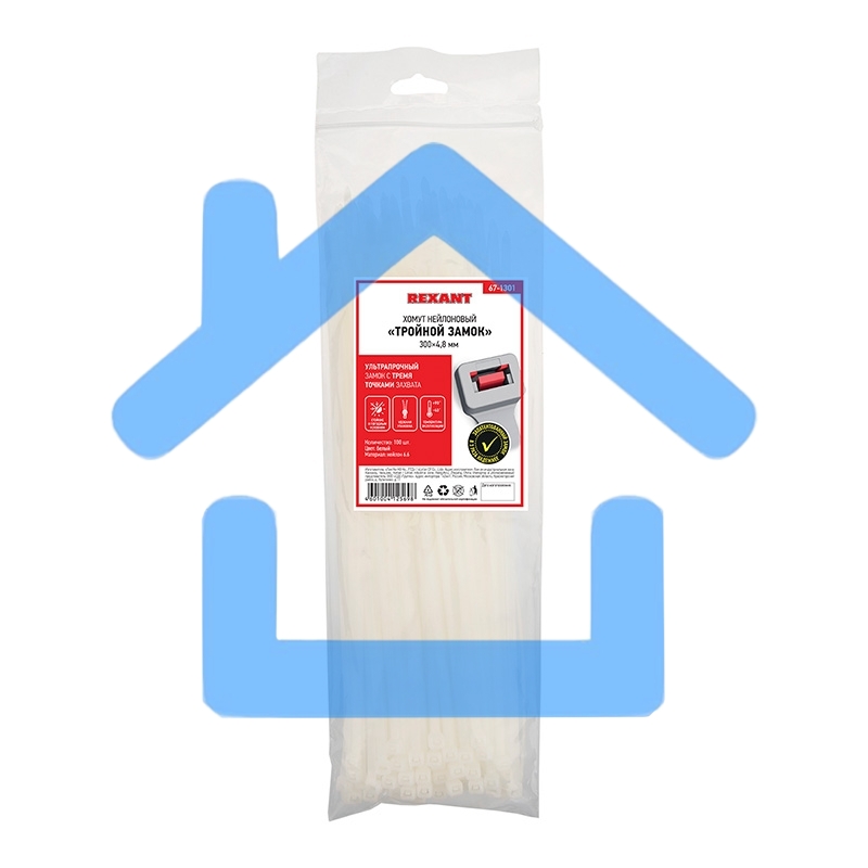 Хомут-стяжкa нейлоновая с тройным замком Rexant 300x4,8 мм, белая, упаковка 100 шт.
