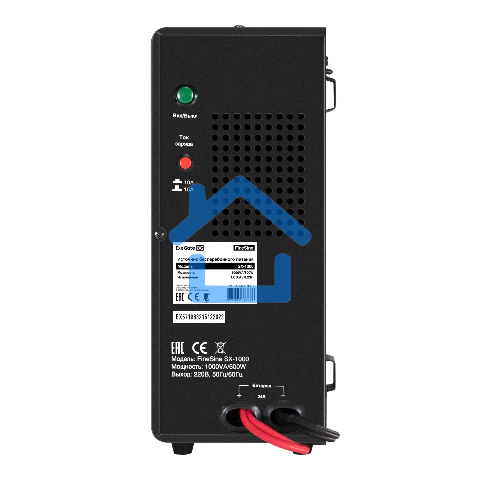 Комплект ИБП EX295997RUS + батарея 120Aч EX282988RUS 1шт (инвертор, синус, для котла, настенный) ExeGate FineSine SX-1000.LCD.AVR.2SH <1000VA/600W, чистая синусоида, цветной LCD-дисплей, AVR, 2*Schuko, линейно-интерактивный, крепление настенное/универсаль