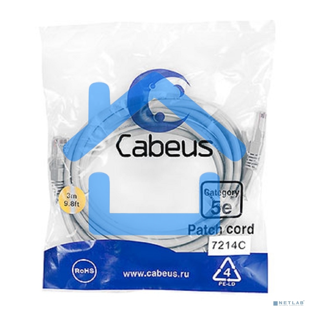 Патч-корд Cabeus PC-UTP-RJ45-Cat.5e-3m U/UTP, категория 5е, 2xRJ45/8p8c, неэкранированный, серый, PVC, 3м