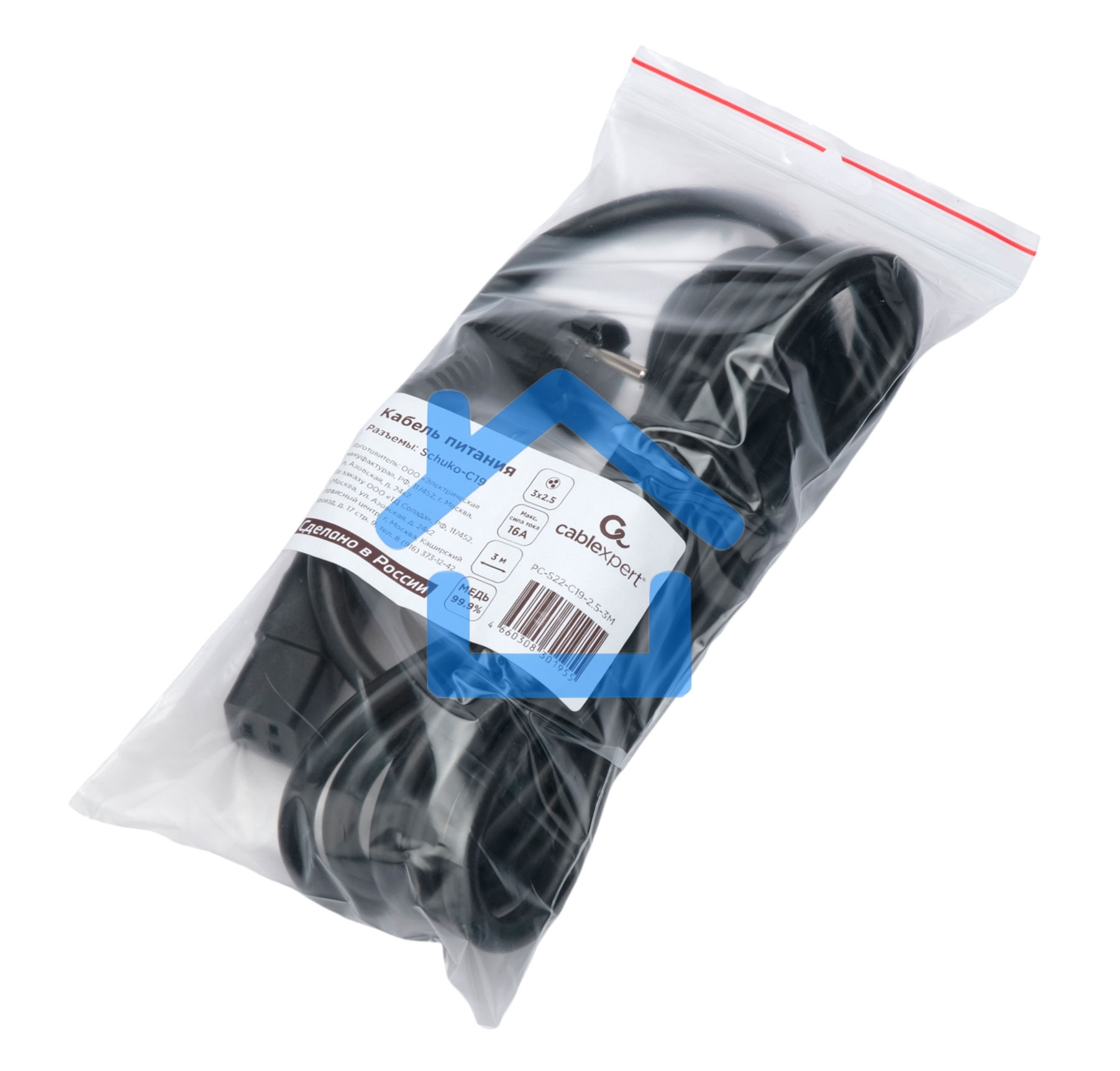 Кабель питания Cablexpert Россия PC-S22-C19-2.5-3M, Schuko-C19, 3x2.5мм2, 16A, с заземлением, медь, 3м, черный, пакет