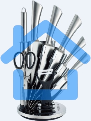 Набор кухонных ножей KELLI KL-2120 метал на подставке Высококачественная сталь 9 предметов: Топорик кухонный 16см, Нож поварской 20см, Нож хлебный 20см, Нож для резки 12см, Нож овощной 9см, Точилка, Ножницы Овощечистка с керамическим лезвием. Острая режущ