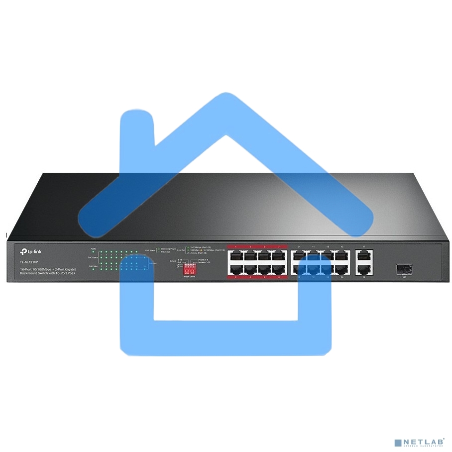 Коммутатор TP-Link 16-port 10/100Mbps + 2-port Gigabit unmanaged switch with 16 PoE+ ports, compliant with 802.3af/at PoE, 150W PoE budget,  support 250m Extend Mode, priority mode and Isolation mode, rackmount, plug and play.