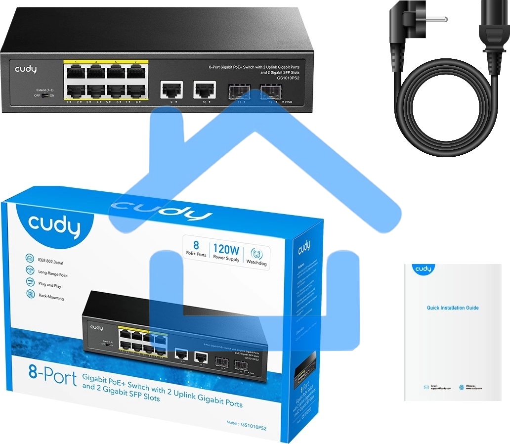 Коммутатор Cudy GS1010PS2, (L2) 10x1Gbит/с 2xКомбо(1000BASE-T/SFP) 2SFP 8PoE 120W, неуправляемый