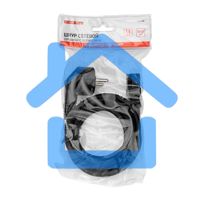 Шнур сетевой, евровилка угловая - евроразъем С13, кабель 3x1,5 мм², длина 1,5 метра, черный (PVC пакет) Rexant
