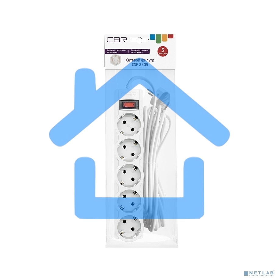Сетевой фильтр CBR CSF 2505-5.0 White PC, 5 евророзеток, длина кабеля 5 метров, белый (пакет)