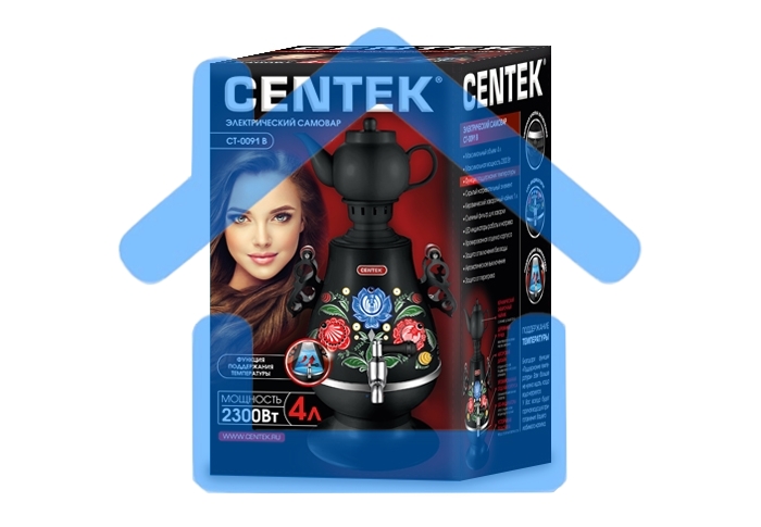 Самовар Centek CT-0091 B (черн+рисунок), 4.0л, 2300Вт, поддерж.t + LED индикатор, керам заварник